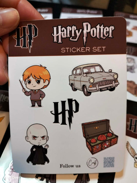 Sticker set featuring characters and objects from Harry Potter with a black border.